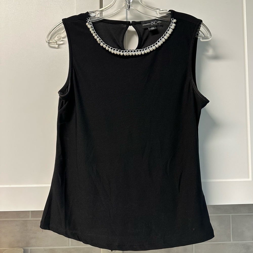 INC International Concepts Black Sleeveless Top with Beaded Neckline M